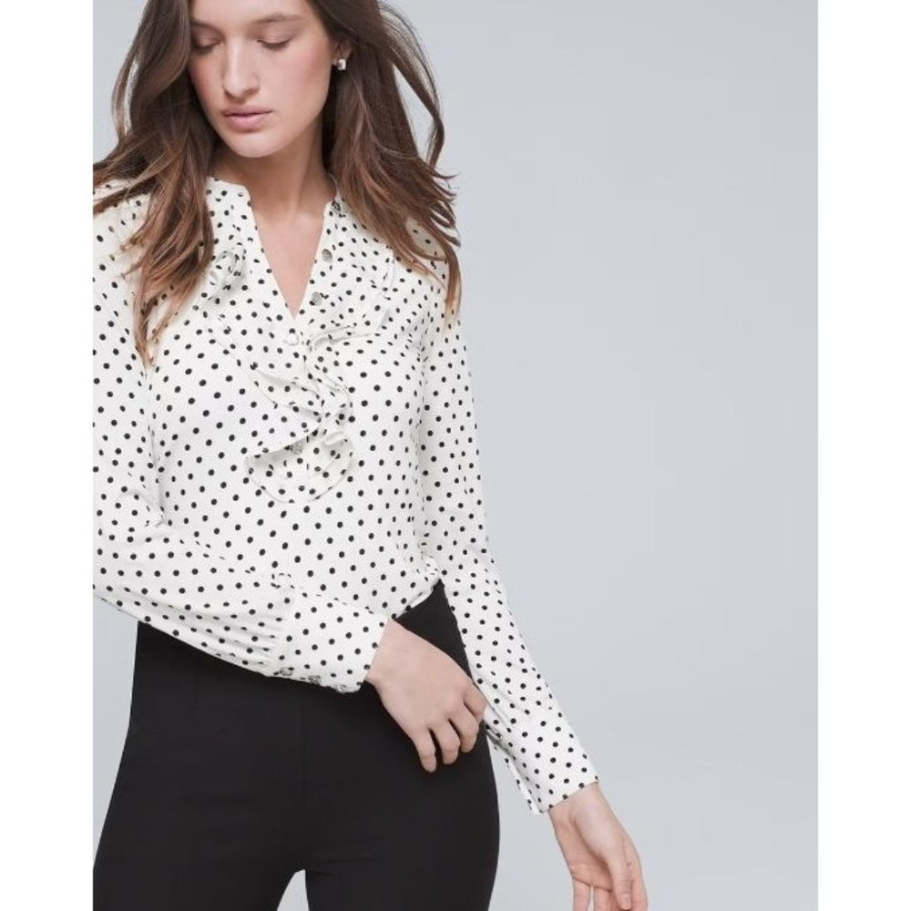 White House Black Market Womens XS White/Black Dotted Long Sleeves Ruffle Blouse